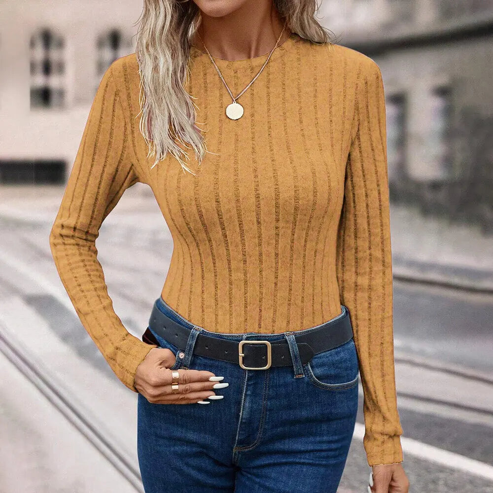 Strick-Langarmshirt für Damen – Einfarbiges Casual Top mit Rundhalsausschnitt